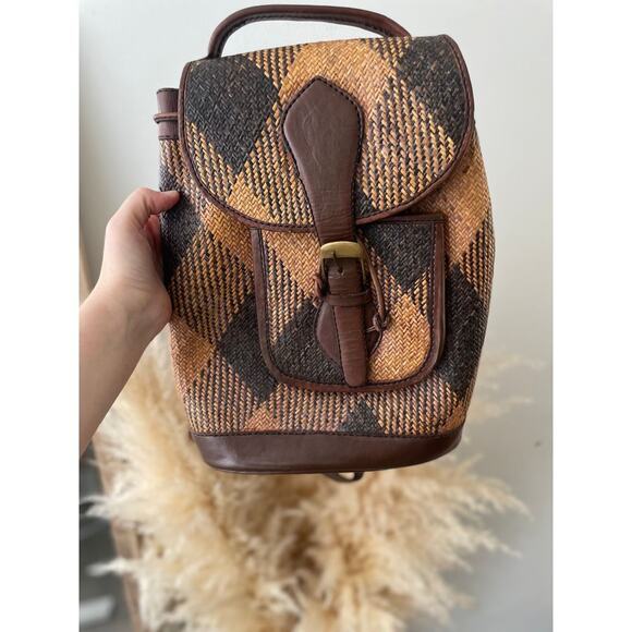 Vintage Plaid Woven Straw Backpack Brown Tan Bohemian Cottagecore Western main image 7
